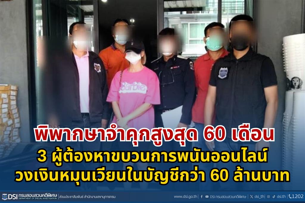 ศาลแขวงขอนแก่นพิพากษาจำคุกสูงสุด 60 เดือน โดยไม่รอลงอาญา  3 ผู้ต้องหาขบวนการพนันออนไลน์วงเงินหมุนเวียนในบัญชีกว่า 60 ล้านบาท